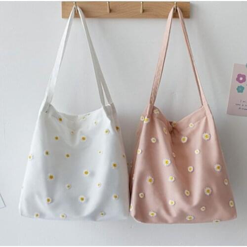Fashion Shoulder Bags for Womens Female Shopper Bag Handbag Cute Embroidery Bag with Daisies Small Canvas Tote