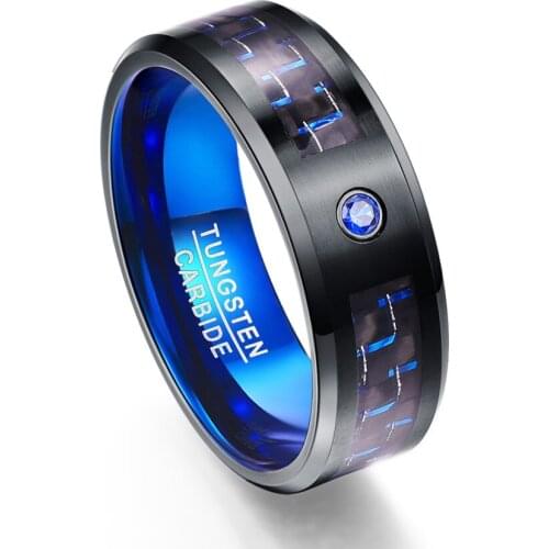 Mens 8mm Black Tungsten Carbide Ring Blue Carbon Fiber Polished Finish Comfort Fit Tungsten Steel Ring Size 6-15