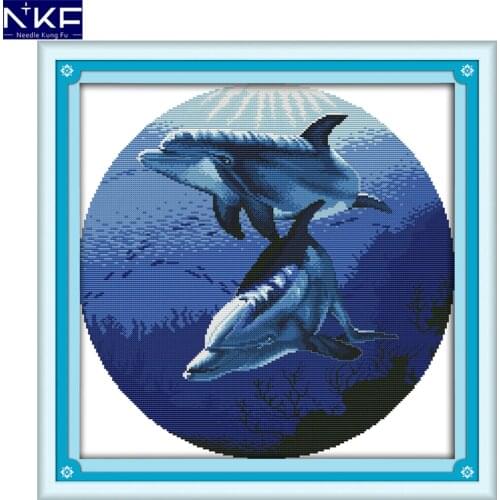 NKF Classic dolphins animal style needle craft cross stitch charts counted stamped Chinese cross stitch kits for home decoration