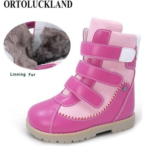 Ortoluckland Girls Pink boots orthopedic shoes for children kids fashion long fur snow boots hook and loop footwear for toddler
