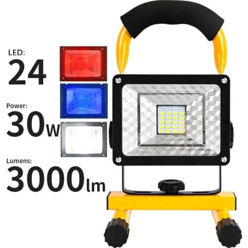 Rechargeable Floodlight 30W 24 led Spot light Waterproof Outdoor lights with charger By 18650 Battery construction Spot lamp