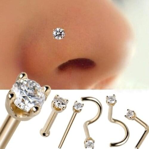 6pcs/set Stainless Steel Zircon Gem Bone Nose Stud Piercing Simple Earring Rose Gold Silver Nose Lip Ring Prong Body Jewelry