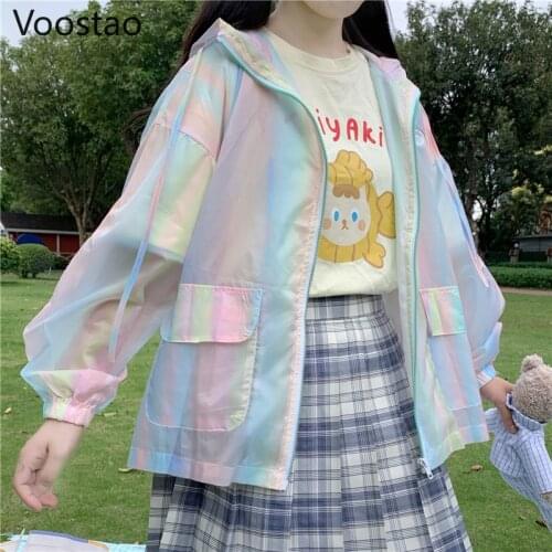 Spring Summer Sweet Thin Coats Japanese Cute Rainbow Color Zipper Sweatshirt Women Loose Sunscreen Clothes Girly Kawaii Jackets
