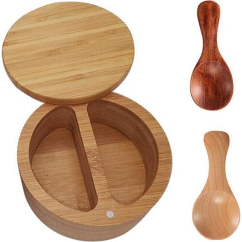 Salt Shaker Round Bamboo Storage Box Seasoning Pot Kitchen Utensils Products With Wooden Rotating Cover And Double Color Spoon