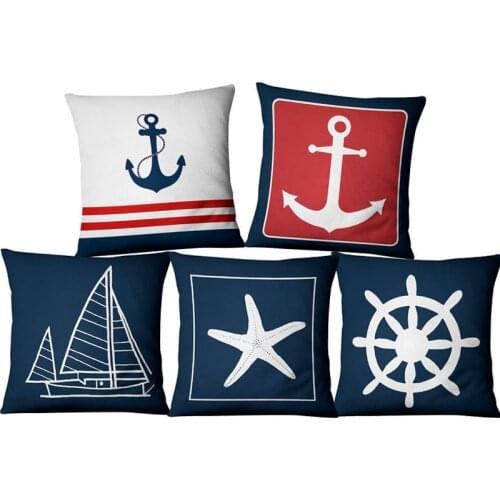 Blue Anchor Sailor Nautical Marine Style 45*45cm Cushion Cover Linen Throw Pillow Car Home Decoration Decorative Pillowcase