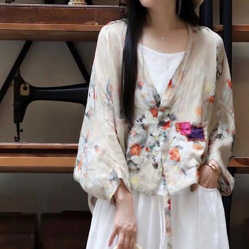 Women Summer Patchwork Linen Printed Jackets Ladies Loose Printed Flax Outwear Female Thin Sunscreen Coat 2021