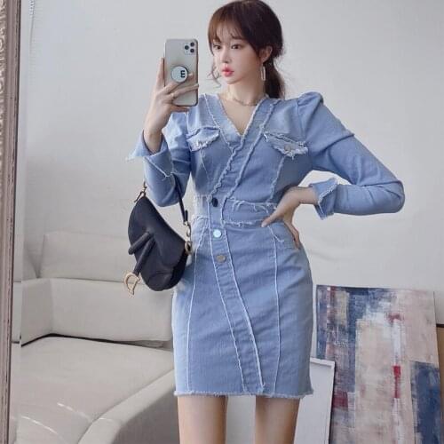 2020 Autumn Women office OL work Dresses Lady Denim dress Long sleeve Casual Party Short Mini Bodycon pencil Dress vestidos