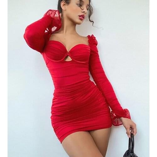 High Quality Summer Bodycon Dress Women Party Corset Dress 2021 Red Mesh Dress Sexy Padded Elegant Celebrity Evening Club Dress