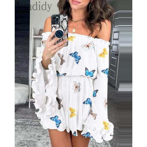 Women Slash Neck Print Off Shoulder Bell Sleeve Ruffles Design Dress