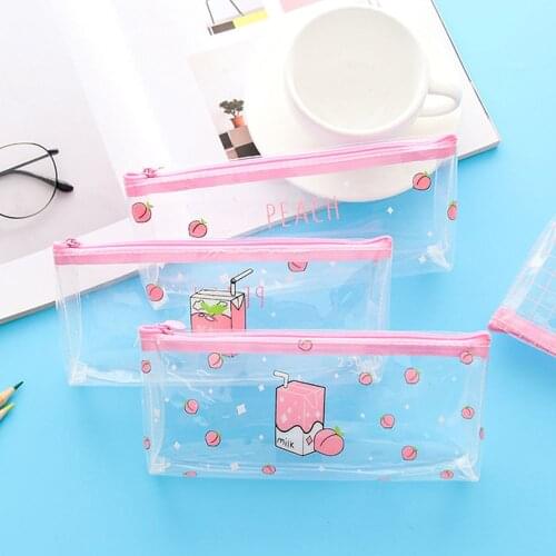 1pc Peach Milk Transparent Pencil Case Kawaii Stationery Makeup Brush Storage Bag Pencils Bag Girls Gift School Supplies