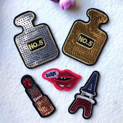 50pcs/lot Luxury Sequin Embroidery Patches Lipstick Lips Tower Perfume Clothing Decoration Accessory Iron Heat Transfer Applique