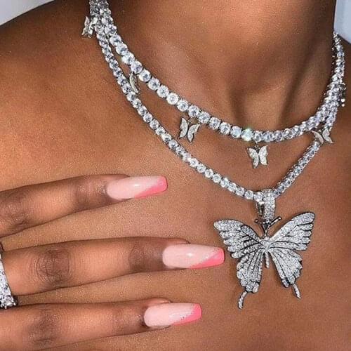 Boho Charm Red White Rhinestone Butterfly Pendant Necklaces Crystal Tennis Chain Clavicle Necklaces Fashion Women Jewelry Gift