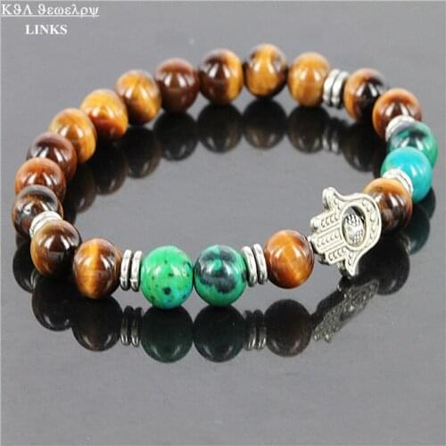 6MM tiger eye round beads hamsa charm bracelet evil eye finding stretch fashion yoga bracelets for men women casual jewelry