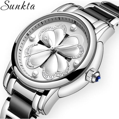 SUNKTA Listing Top Luxury Brand Women Watch Womens Ceramic Watch Fashion Dress Lady Girl Analog Quartz Clock Zegarek Damsk+Box