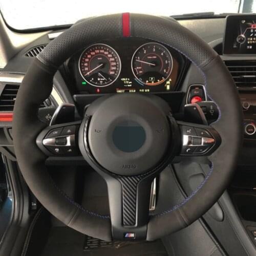 Black leather Suede Red Marker Car Steering Wheel Cover for BMW F87 M2 F80 M3 F82 M4 F12 F13 M5 M6 F85 X5 X6 M F33 F30 M Sport