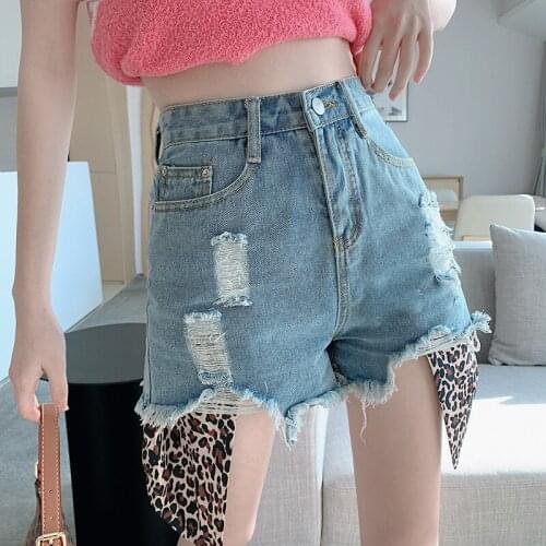 Hole Leopard Wide-Legged Capris Korean Style Fashion WomenS Clothing 2021 Casual Denim High Waist Shorts Female Jeans Harajuku