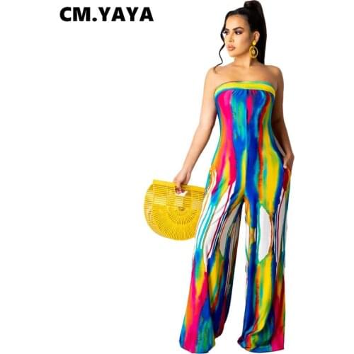 CM.YAYA Women Jumpsuits Tie Dye Sleeveless Strapless Stretchy Loose Wide Leg Jumpsuits with Pockets Fashion Streetwear Summer