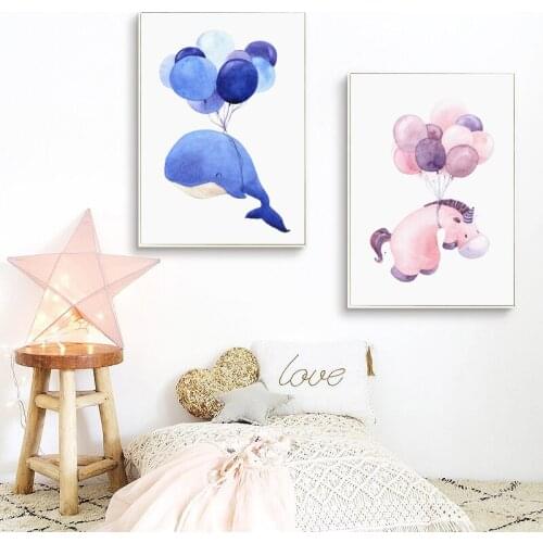 Nordic Style Cute Bubble Watercolor Balloon And Whale Animal Kawaii Canvas Painting Poster Children Bedroom Wall Art Decoration