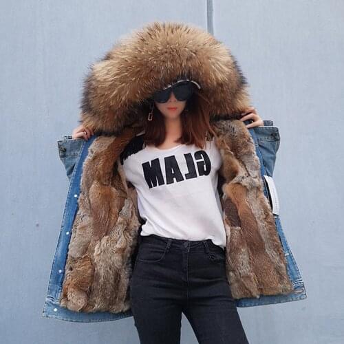 2020 new ripped denim pie overcoming rabbit fur grass liner fox fur collar coat female winter