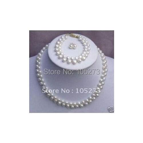 Stunning! pearl necklace AA 7-8MM white color Genuine Freshwater pearl necklace bracelelt earring jewelry set Free shipping FN26