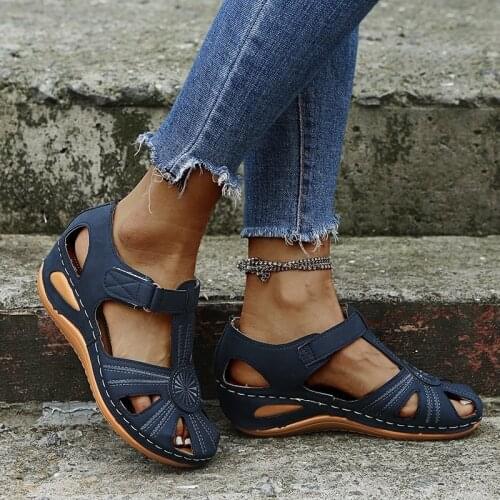 Women Wedge Sandals 2021 Summer New Closed Toe Hollow Ladies Comfy Casual Shoes 35-43 Big Size Hook&Loop Female Beach Sandals