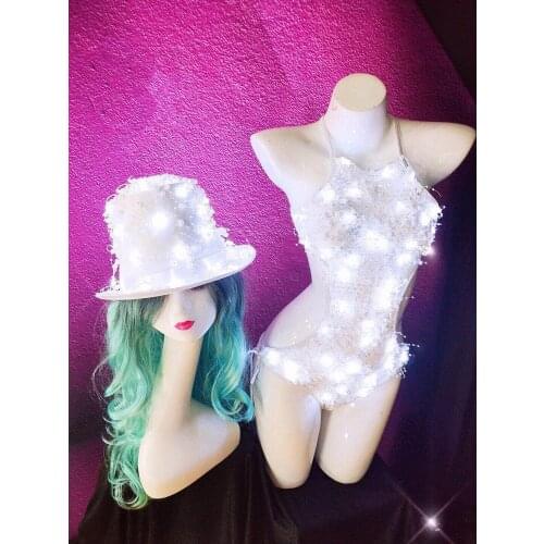 Sexy led lumious costume stage gogo show white caps with bodysuit women singer clothing