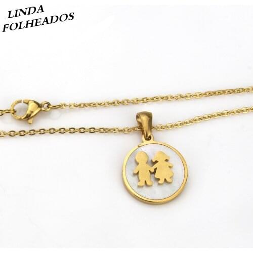 LINDA FOLHEADOS Jewelry Unique Round Shape Kids Pattern Gold Stainless Steel Link Chain Shell Pendulum Pendant Necklace