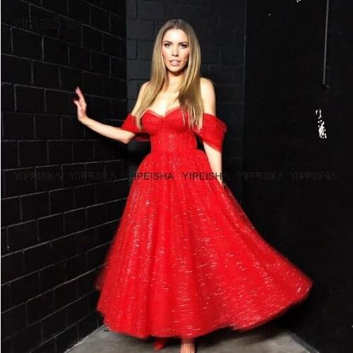 Yipeisha Off Shoulder Red Prom Dress Tea Length Shiny Wedding Party Dress for Graduation vestidos de fiest Cocktail Gown