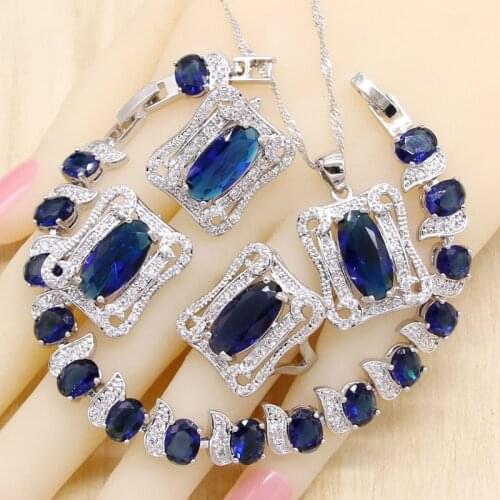 Silver Color Wedding Jewelry Sets for Women Royal Blue Zirconia Bracelet Earrings Necklace Pendant Ring Birthday Gift