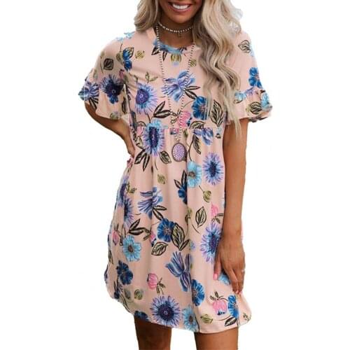 Women Summer Dress Casual Short Sleeve O Neck Floral Print Loose Skirt Fashion Flowers Printed Dress for Women Ladies Vestidos