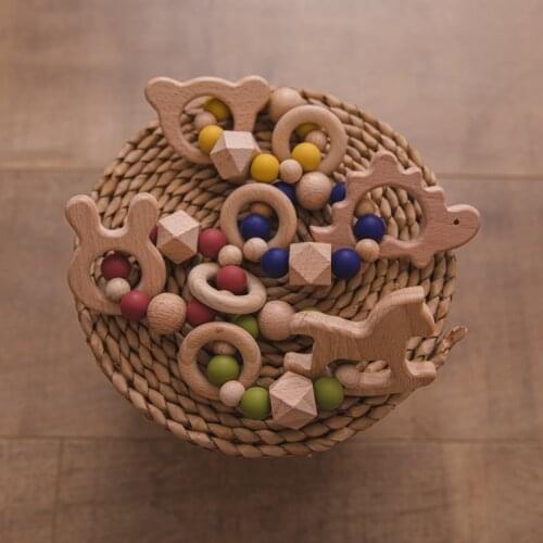 1pc Baby Wood Teether Bracelet Food Grade Beech Animal Bracelets Silicone Beads Cartoon Baby Teether Bracelets Nursing Toys Gift