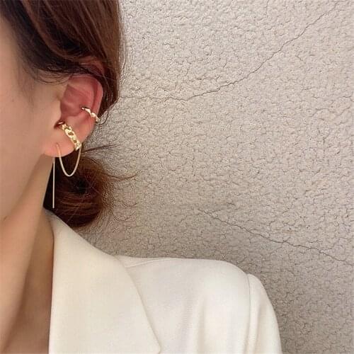 2020 New Simple Gold Metal Asymmetry Long Tassel No Piercing Ear Cuff Crystal Hook Clip Earrings for Women Jewelry Gift
