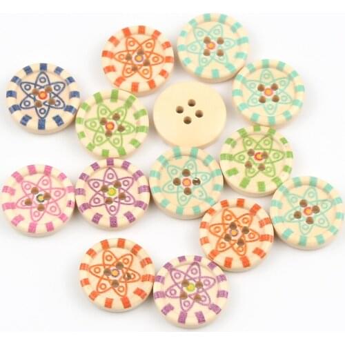 50pcs 20mm natural Round Hexagonal Star Pattern Wooden Buttons For Clothes Decoration Scrapbooking Home DIY Sewing Accessories