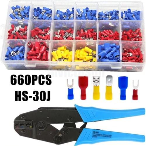 660PCS Assorted Spade Terminals Insulated Cable Connectors Electrical Wire Crimp Butt Fork Terminals Kit + Crimp Plier