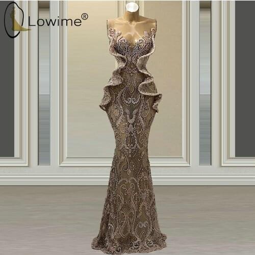 Arabic Style Brown Mermaid Evening Dresses 2021 Beading Lace Prom Party Gowns Custom Made Formal Women Dress for Weddings