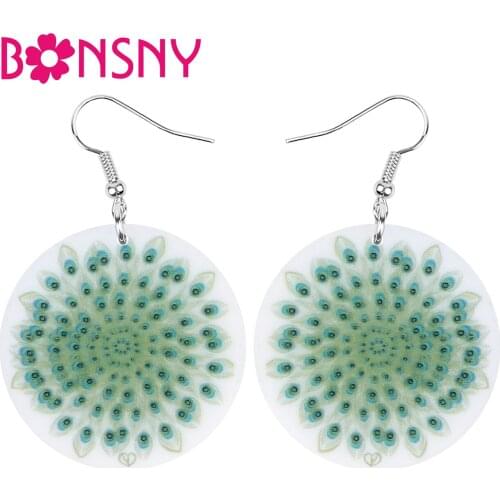 Bonsny Acrylic Round Green Peacock Peafowl Feath Earrings Long Animal Dangle Drop Jewelry For Women Girls Lady Charm Party Gift