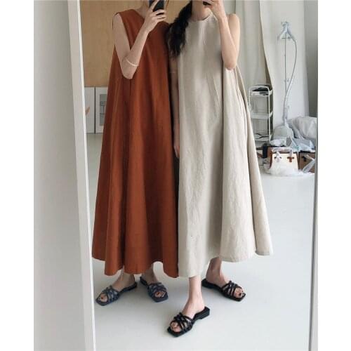 Free Shipping Fashion Loose Oversized Sleeveless Pumpkin Long Cotton Hemp Dress