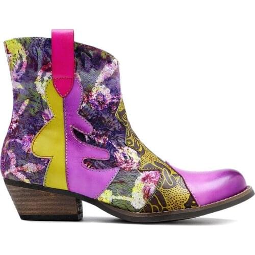 Genuine Leather Women Boots Vintage Bohemian Ankle Boots Women Shoes Printing Flower Zipper Low Square Heel Ladies Shoes Woman