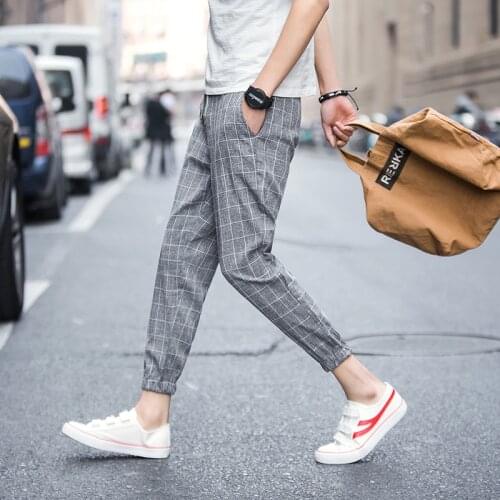 2021 Ankle-Length Linen Pure cotton Plaid Pants Men Trousers Hip Hop Jogger Pants Men Sweatpants Streetwear Men Pants S-5XL