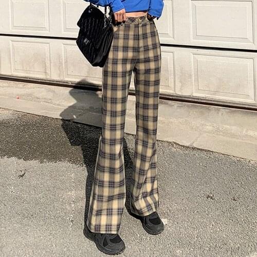 Vintage Plaid Flare Pants Women Summer Autumn High Waist Pants Elegant Chic Plus Size Long Trousers pantalon femme