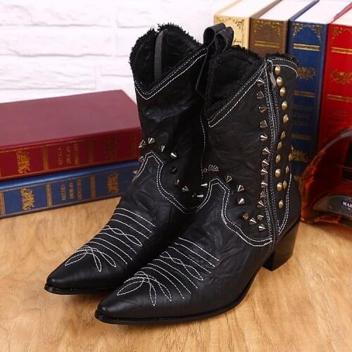 Christia Bella Pointed Toe Mens Big Size Genuine Leather Long Boots Cowboy Party Male Heighten Boots Men Fashion Rivet Boots