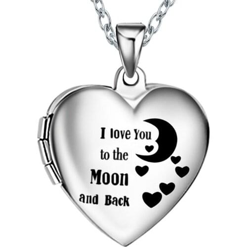 Stainless Steel photo Locket I love you to the moon and back Heart pictures Locket Pendants Necklaces for Women Men