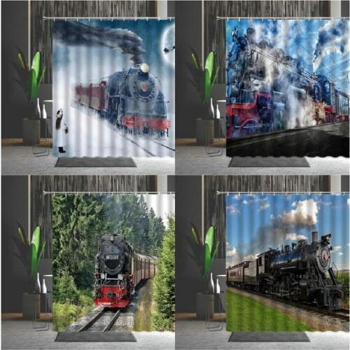Hot Sale Modern Train Shower Curtains Steam Engine Bathroom Decor Home Bath Waterproof Polyester Curtain Set Cheap