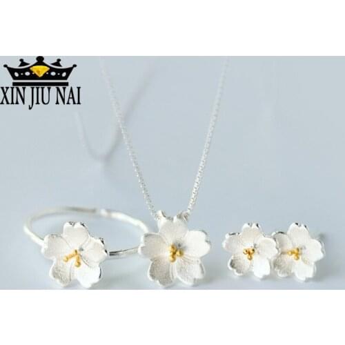 Hot new arrival personality simple and refined Korean style peach blossom womens ring earrings necklace jewelry set