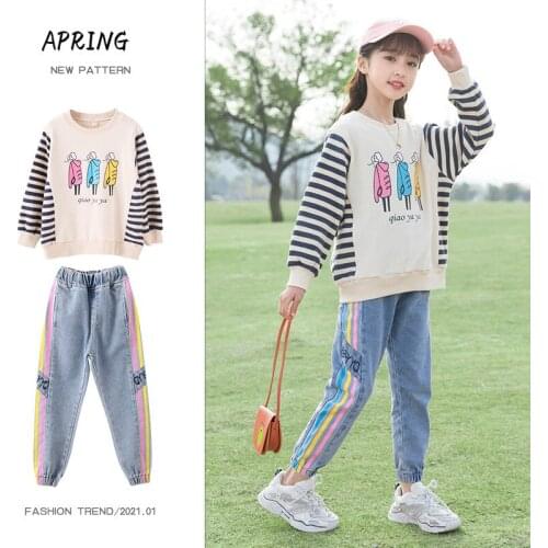 Girls Clothing Set Tracksuits 8 10 12 14 Years Jeans Outfit Spring Autumn Cartoon Print Sweatshirt Two-Piece Set Casual Clothing