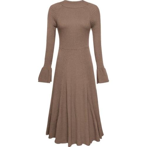 PERHAPS U Brown Solid Knitted Stand Collar Long Sleeve Midi Dress Autumn D0630
