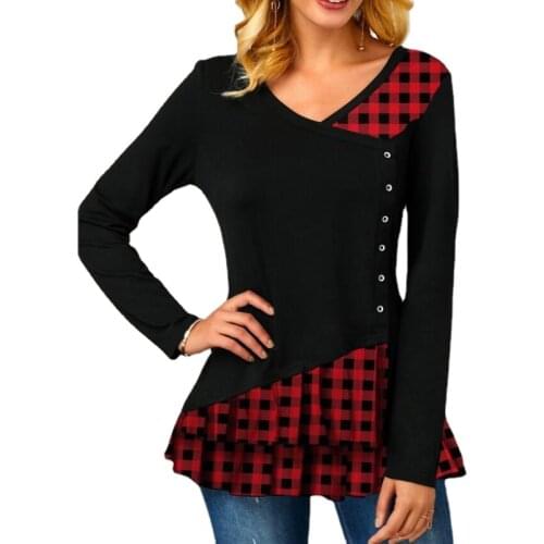 Red Plaid Patchwork Irregular Tshirt Women Autumn Casual V-Neck Long Sleeve Slim Fit T Shirt Women Woman Plus Size Green Top 5XL