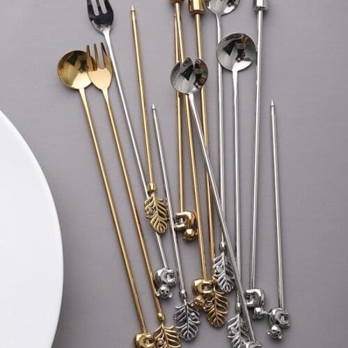 Creative 304 stainless steel long handle coffee Ice Cream Dessert Tea Stirring Spoon fruit Salad dessert fork Kitchen Accessori