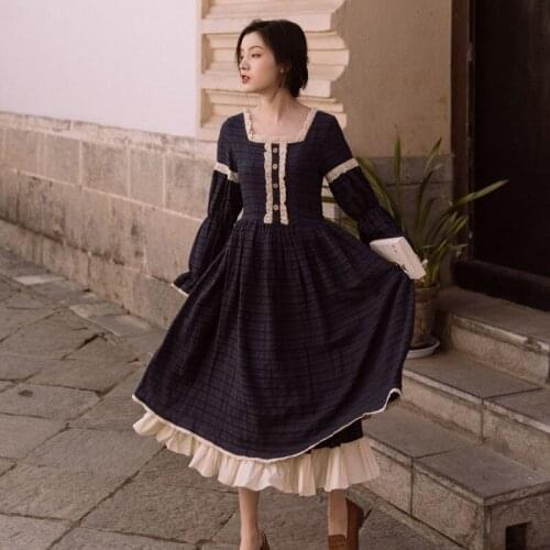 Cosplay Lace Trimming French Palace Medieval Retro Temperament Plaid Square Collar Dress Spot Solid Color Big Swing Type