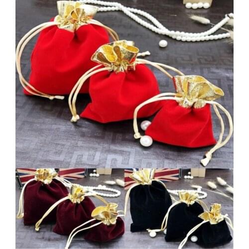 Hot 500pcs Gold Mouth Velvet Jewelry Bags 7x9 10x12 12x15cm Drawstring Wedding Christmas Gift Bags Watch Jewelry Packaging Bags